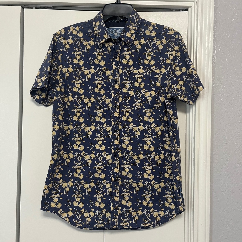 Huntington Beach Club Mens Navy Blue Palm Tree Print Short Sleeve Shirt Medium